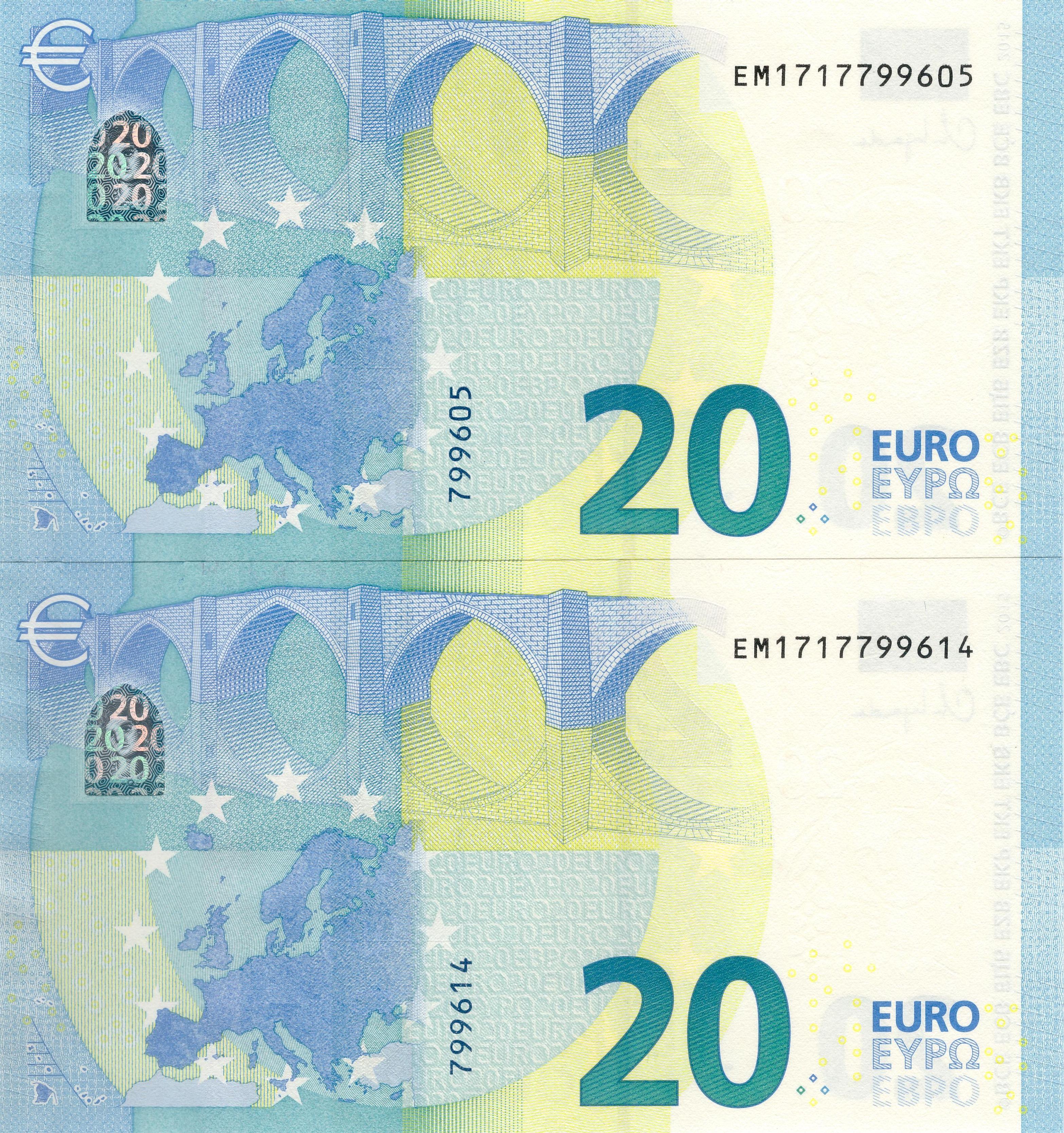 2 x 20 EURO, 2015, Séria „E“, Tlačová doska: E010I4 – Postupka !