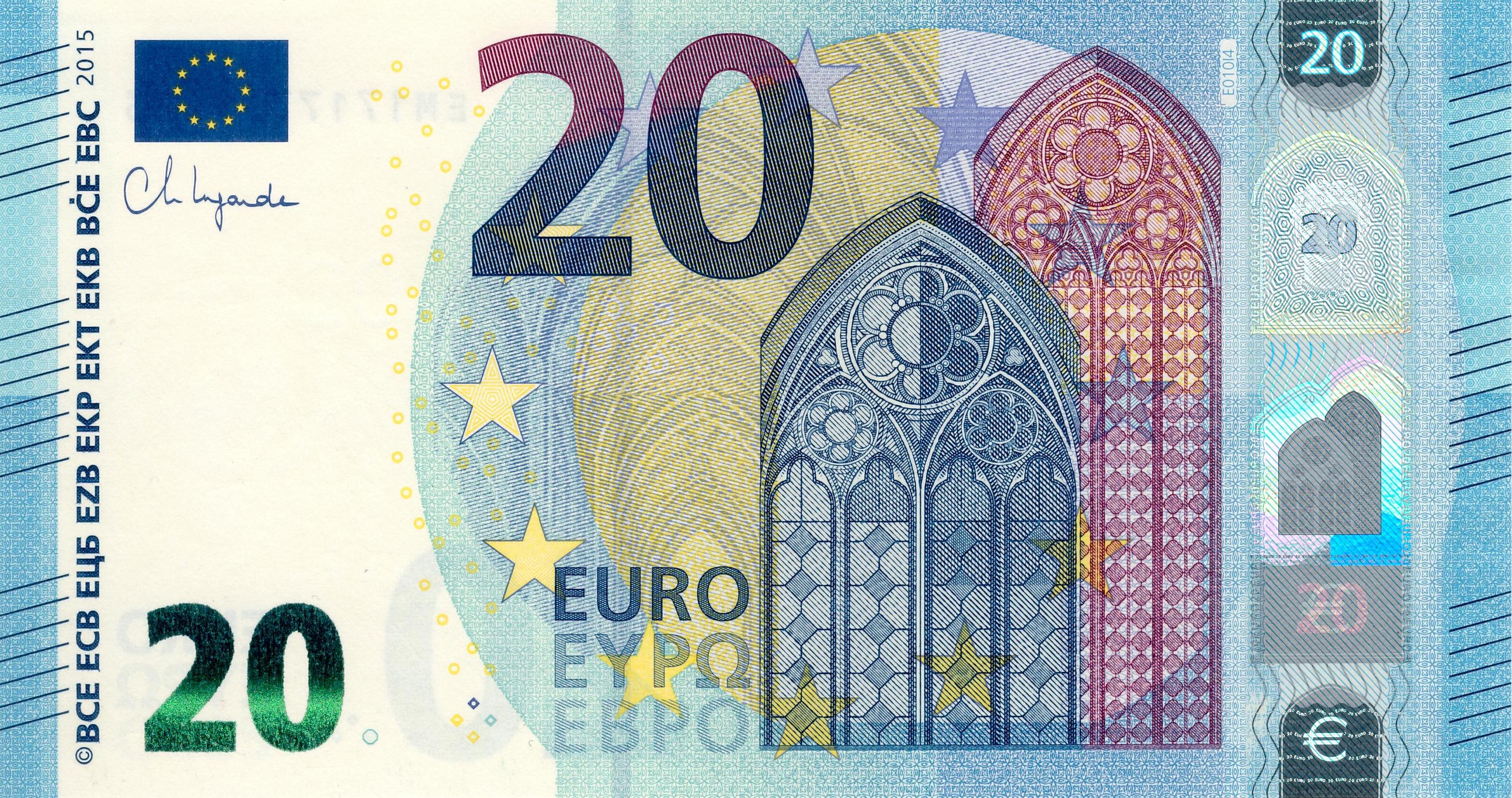 1377658-bankovka_20_eur_banknote_em17117799623_1-jpg 20 EURO, 2015, Séria "E", Francúzsko, Tlačová doska: E010I4, Sériové čísla: EM1717799623, Podpis: Ch. Lagarde, Stav: UNC