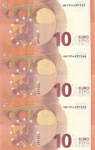 3 x 10 EURO, 2014, Séria "V", Španielsko, Tlačová doska: V010D4, Sériové čísla: VB1954291537+VB1954291546+VB1954291555, Podpis: Mario Draghi, Stav: UNC, POSTUPKA !