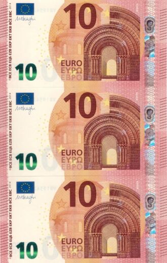 3 x 10 EURO, 2014, Séria "V", Španielsko, Tlačová doska: V010D4, Sériové čísla: VB1954291537+VB1954291546+VB1954291555, Podpis: Mario Draghi, Stav: UNC, POSTUPKA !
