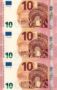 3 x 10 EURO, 2014, Séria "V", Španielsko, Tlačová doska: V010D4, Sériové čísla: VB1954291537+VB1954291546+VB1954291555, Podpis: Mario Draghi, Stav: UNC, POSTUPKA !