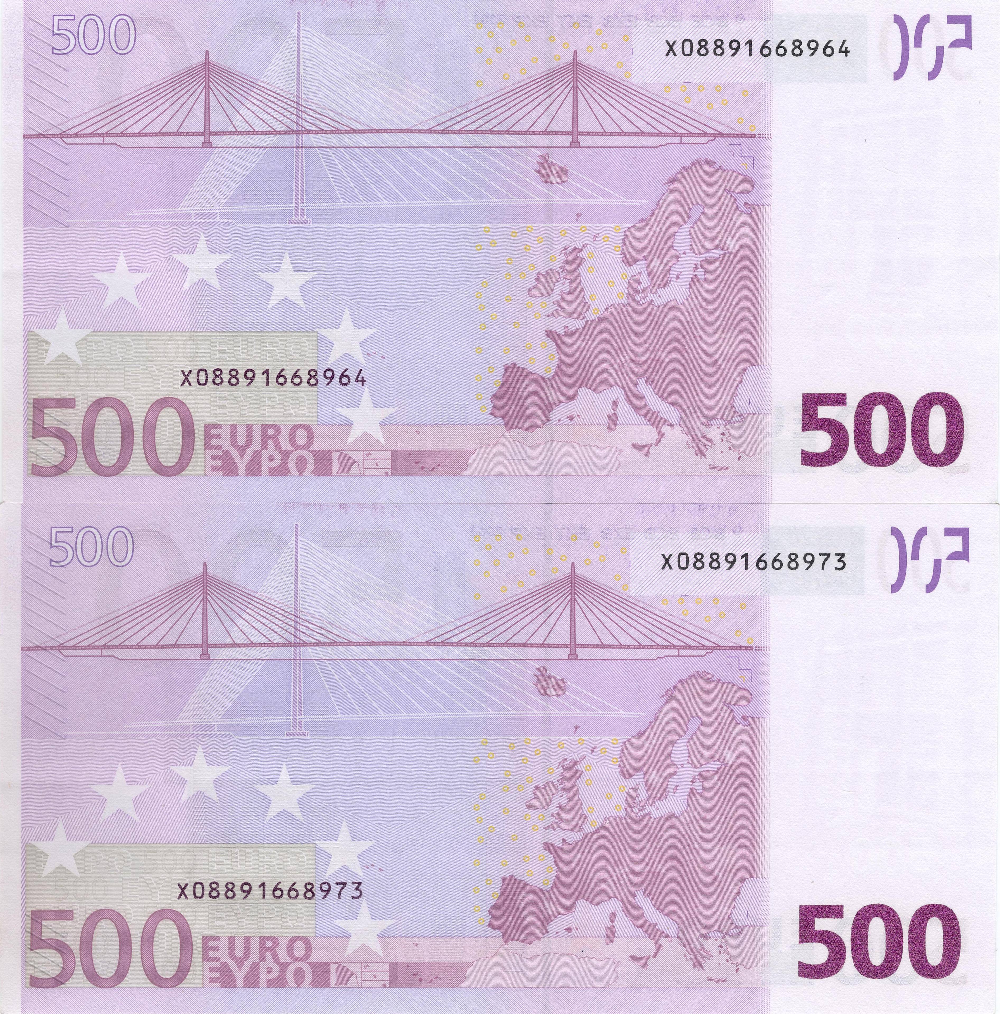 2 x 500 EURO, 2002, Séria „X“, Tlačová doska: R018D4 – Postupka !
