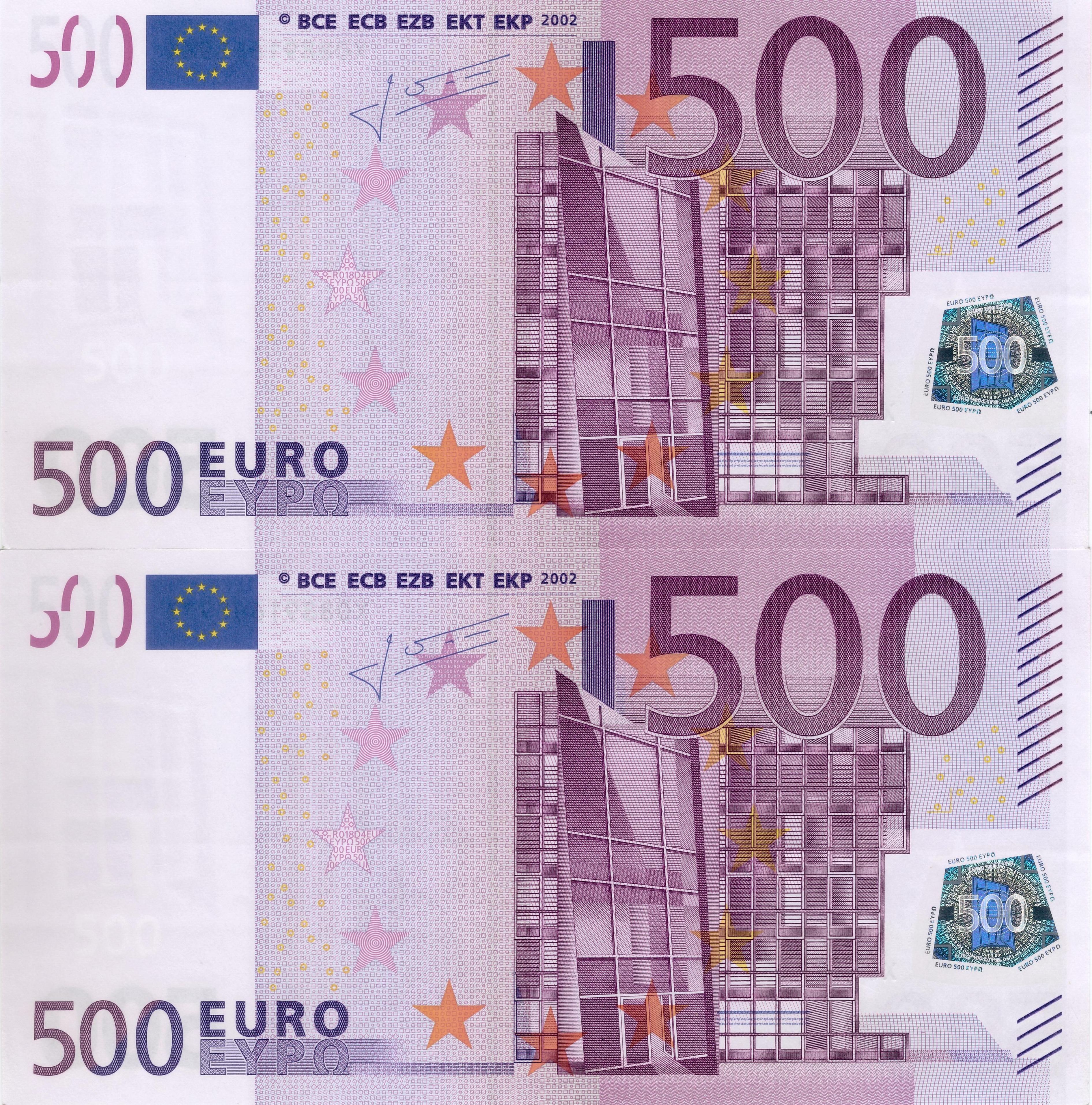 3181752-bankovka_500_eur_banknote_x08891668964-x08891668973_1-jpg 2 x 500 EURO, 2002, Séria "X", Nemecko, Tlačová doska: R018D4, Sériové čísla: X08891668964 + X08891668973, Podpis: Jean-Claude Trichet, Stav: UNC, POSTUPKA !