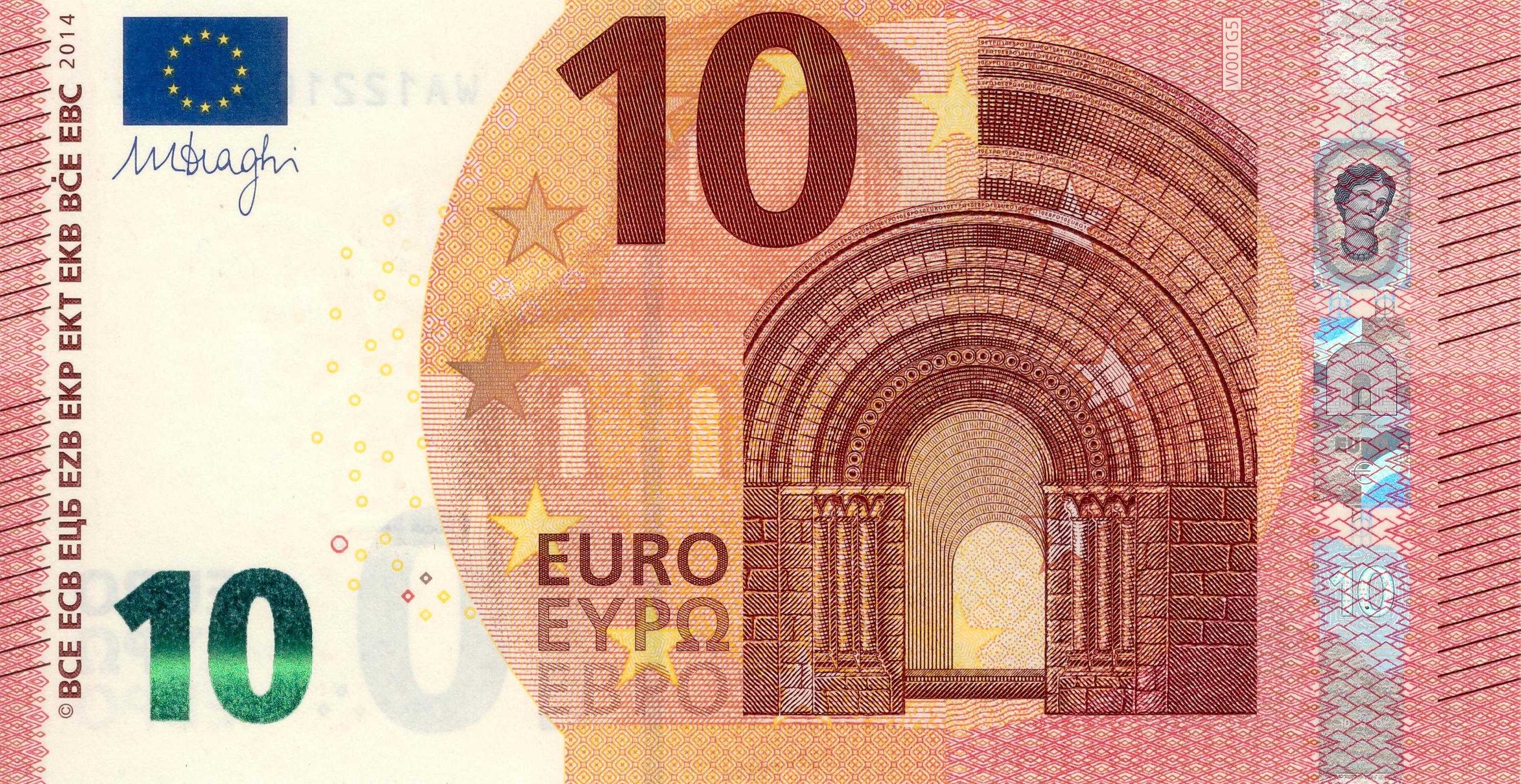 10 EURO, 2014, Séria "W", Nemecko, Tlačová doska: W001G5, Sériové čísla: WA1221048694, Podpis: Mario Draghi, Stav: UNC