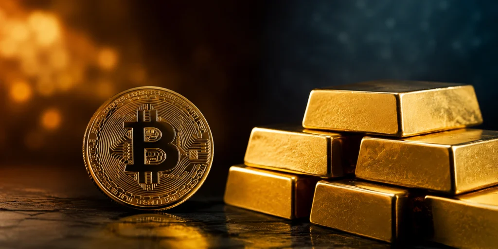 Investičné zlato a Bitcoin vedľa seba – zlaté tehličky a bitcoinová minca ako symbol porovnania tradičného a digitálneho investovania. Ilustračný obrázok.