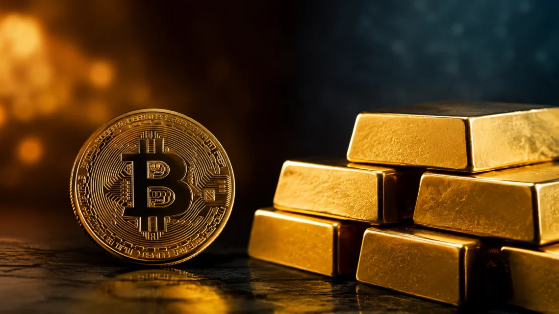 Investičné zlato a Bitcoin vedľa seba – zlaté tehličky a bitcoinová minca ako symbol porovnania tradičného a digitálneho investovania. Ilustračný obrázok.