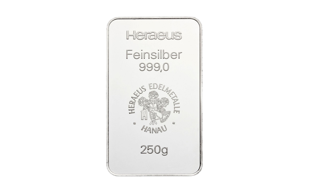 Strieborná tehla/tehlička od nemeckej rafinérie Heraeus (Argor-Heraeus), akreditovanej burzou LBMA.