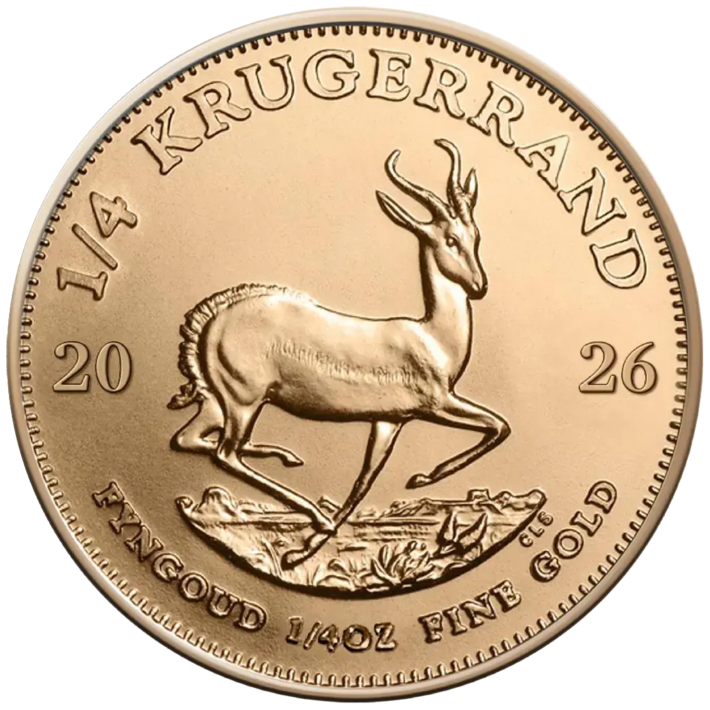 Zlatá investičná minca Krugerrand, 1/4 Oz (7,78 g) zlata, rýdzosť 22 karátov (916,7/1000), bez oficiálnej nominálnej hodnoty, ročník 2026.