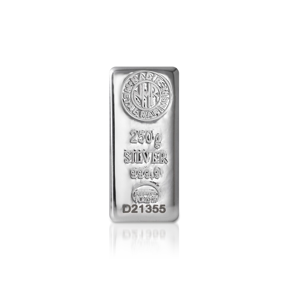 Táto 250 g strieborná tehlička má čistotu striebra 999,9 a vyrába ju turecká rafinéria Nadir schválená LBMA.