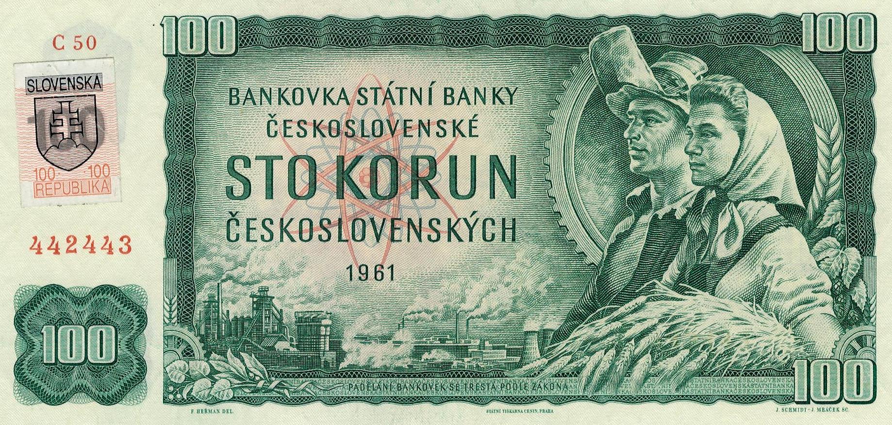 100 Sk/Kčs, 1961 kolkovaná, Séria "C50".